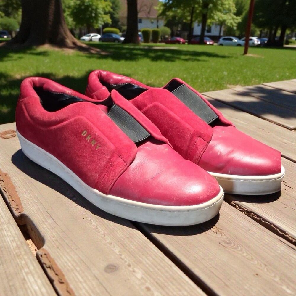 DKNY Slip On Sneakers Women’s 7 Red Leather Suede Elastic Strap Casual Shoes